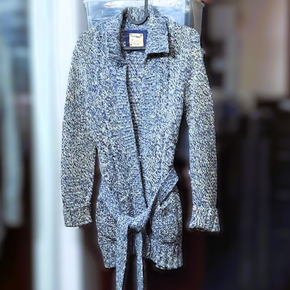 Old Navy Chunky Knit Belted Wrap Cardigan Sweater Blue White Marl Shawl Collar